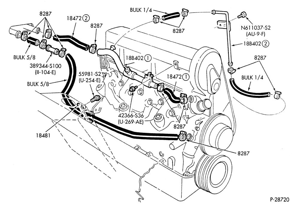 Схема HEATER HOSES & TUBES-4 cyl. - 2.3L - w/o A/C - w/o Turbo-F,J