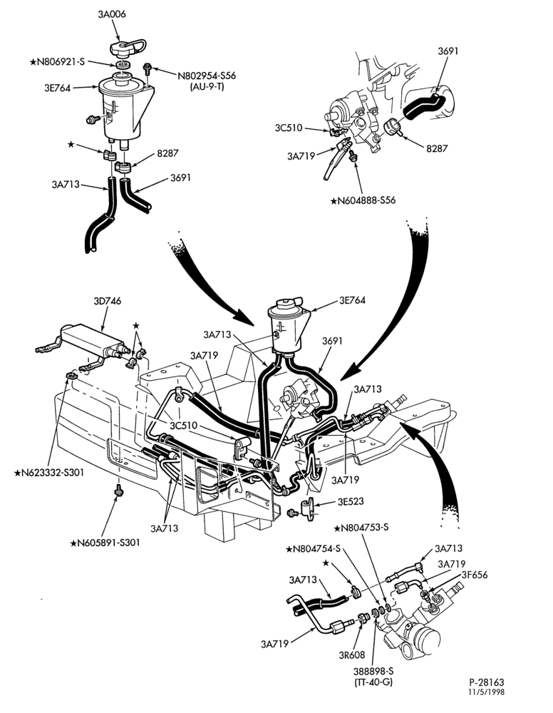 Схема STEERING-Power steering system - Pump installation - 8 cyl. 4.6L - w/oil cooler