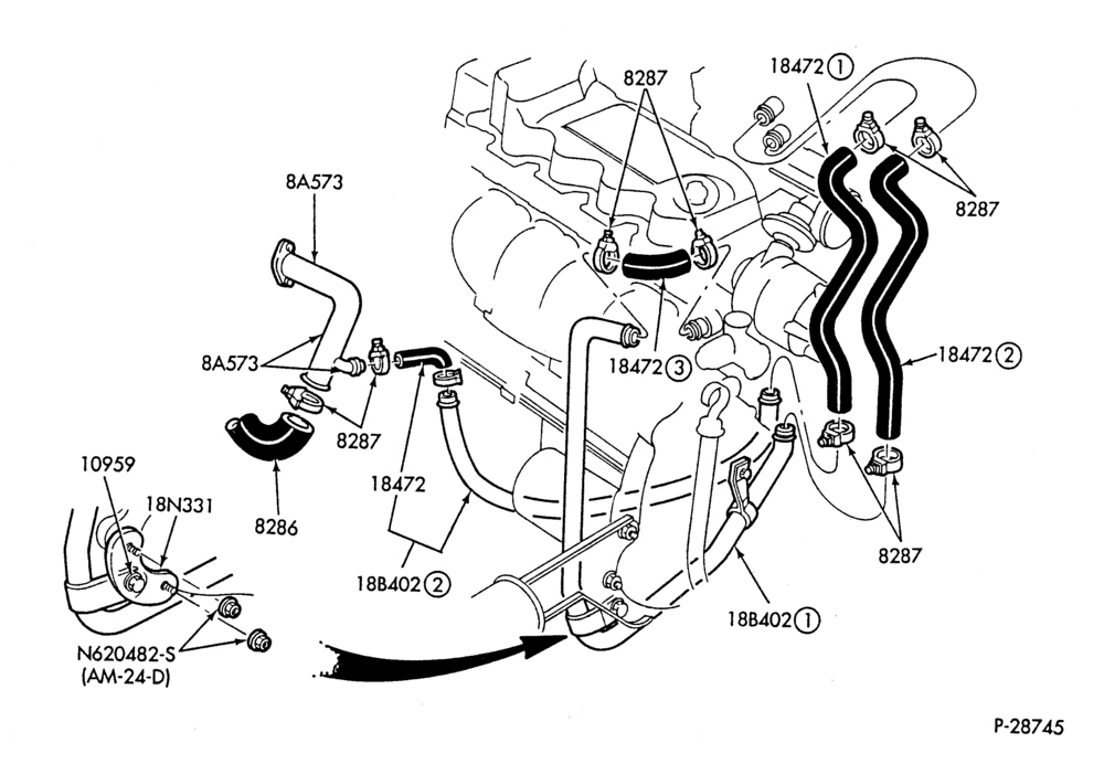 Схема HEATER HOSES & TUBES-4 cyl. - 1.6L - w/A/C-W,MW,C,MC