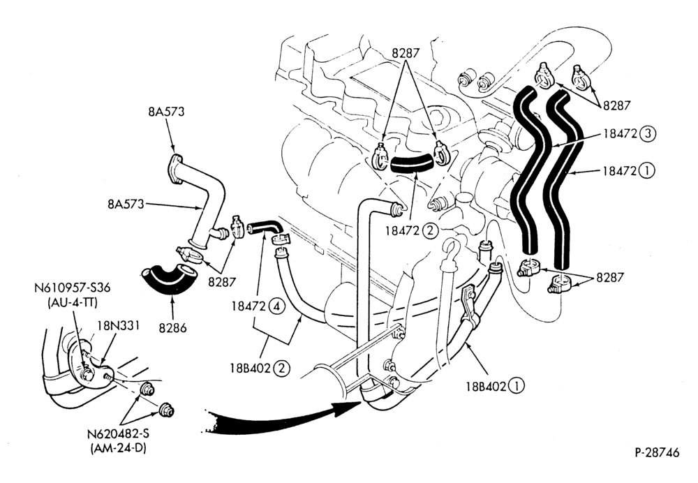 Схема HEATER HOSES & TUBES-4 cyl. - 1.6L - w/o A/C-W,MW,C,MC