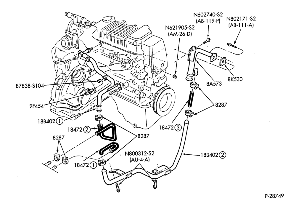 Схема HEATER HOSES & TUBES-4 cyl. - 1.6L - EFI - w/o A/C-W,MW,C,MC