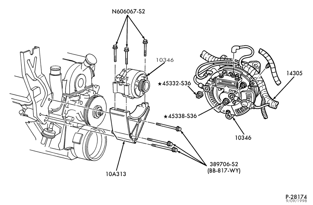 Схема Генератор, INSTRUMENT CLUSTER, BATTERY-Alternator mounting brackets - 8 cyl. 7.3L - Diesel - E250/350 & E550 - without ambulance pkg.