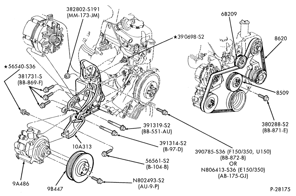 Схема DISTRIBUTOR AND IGNITION SYSTEM-Alternator mounting brackets - 6 cyl. 4.9L
