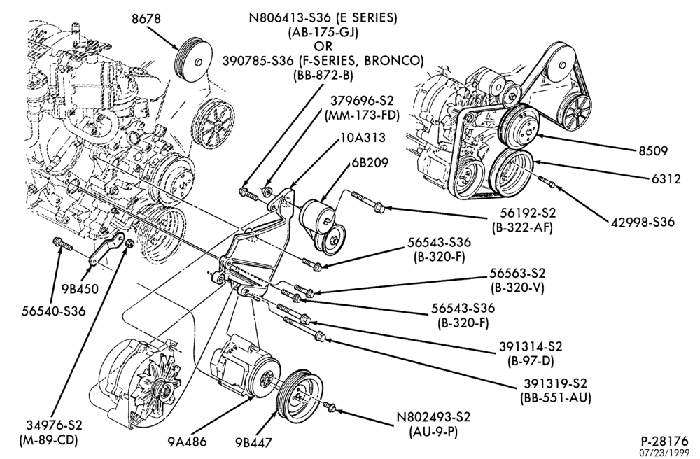 Схема DISTRIBUTOR AND IGNITION SYSTEM-Alternator mounting brackets - 8 cyl. 5.0L
