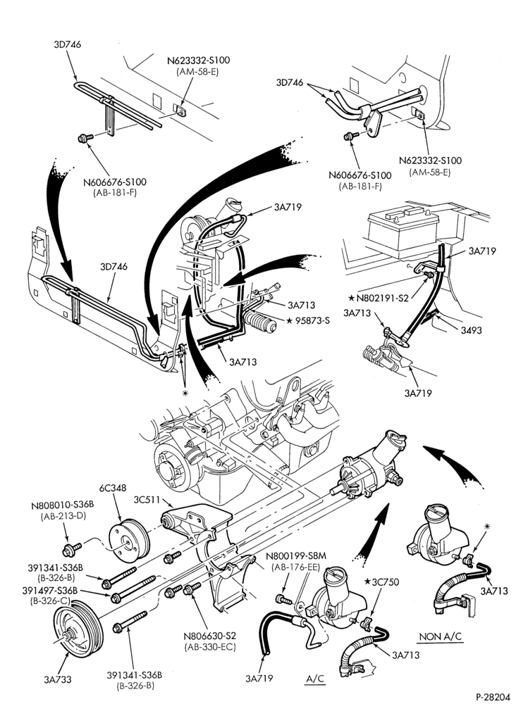 Схема STEERING-Power steering system - Pump installation - 8 cyl. 5.0L - with oil cooler