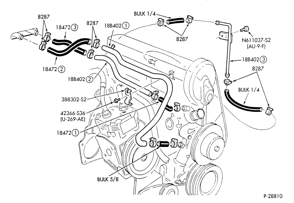 Схема HEATER HOSES & TUBES-4 cyl. - 2.3L - w/A/C - w/Turbo-P,MP