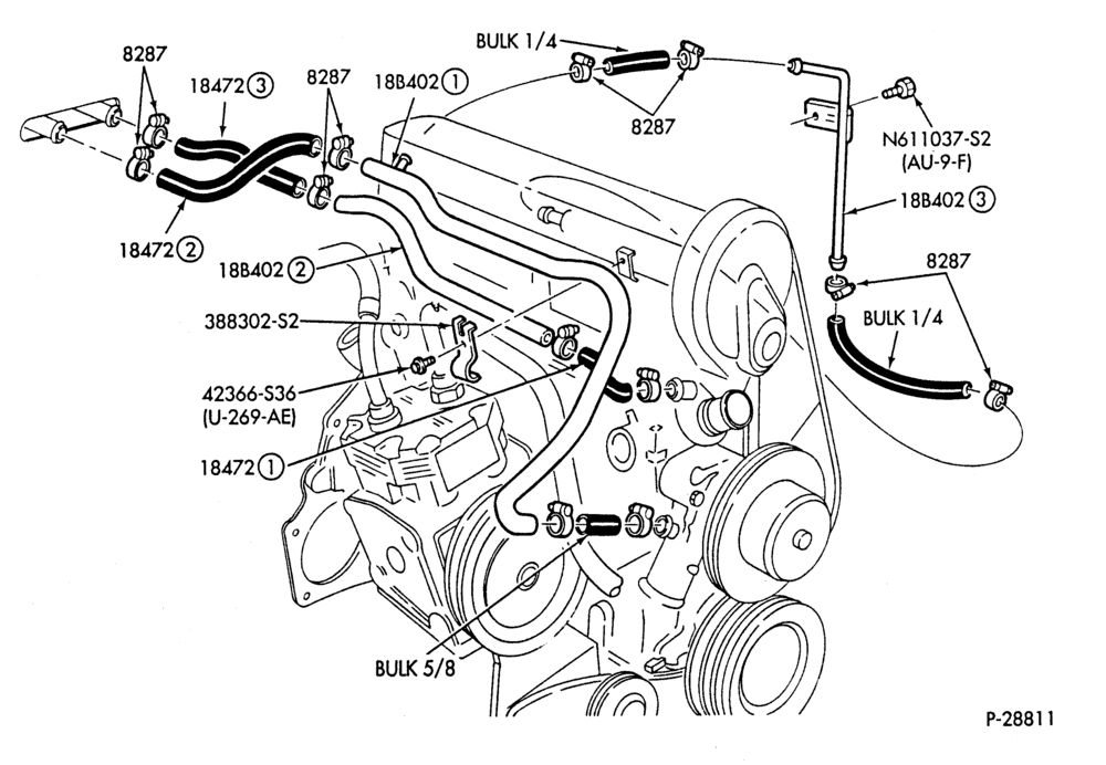 Схема HEATER HOSES & TUBES-4 cyl. - 2.3L - w/A/C - w/o Turbo-P,MP