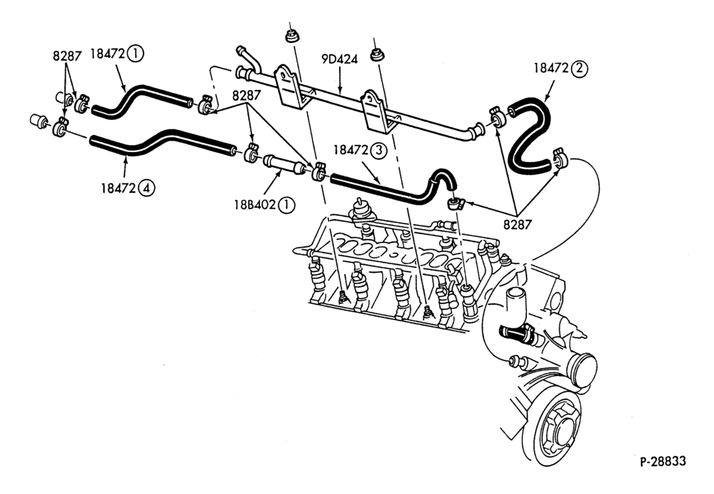 Схема HEATER HOSES & TUBES-8 cyl. - 5.0L - w/o ATC-A,MA,DT