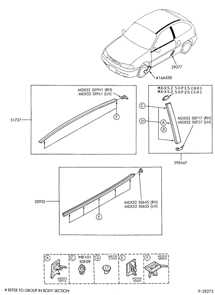 Схема ASPIRE - BODY TYPE 61-ROOF, DOOR BELT, QUARTER PILLAR MOULDINGS AND STONE GUARDS