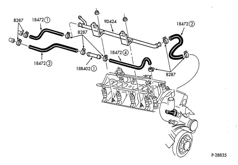 Схема HEATER HOSES & TUBES-8 cyl. - 5.0L - w/o ATC-A,MA,DT