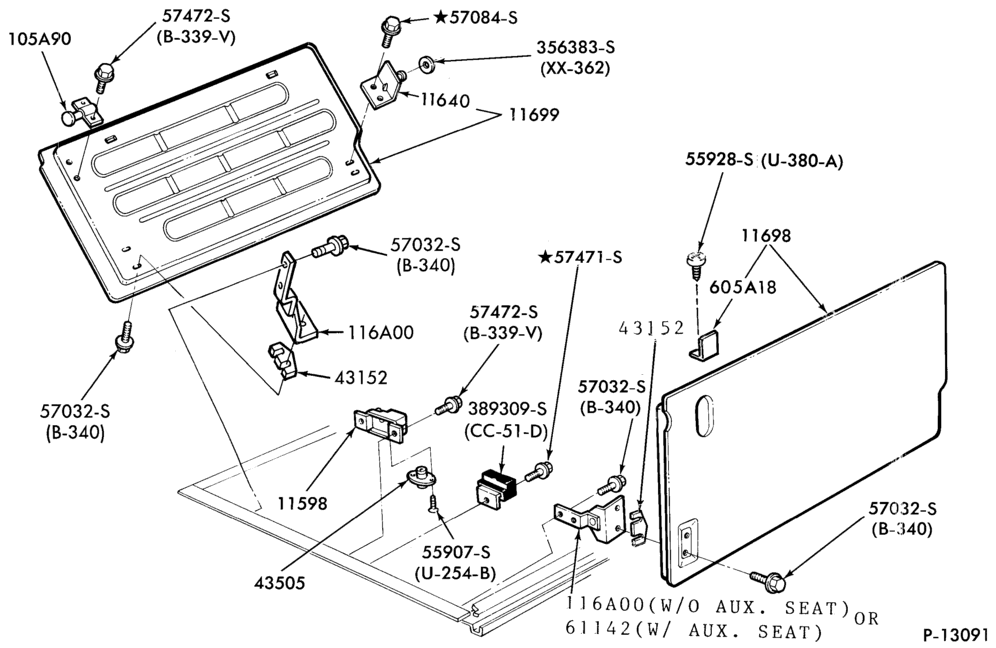 Схема SEATS AND SEAT BELTS-Auxiliary seat, storage compartment and related parts  body type 74- latch mechanism
