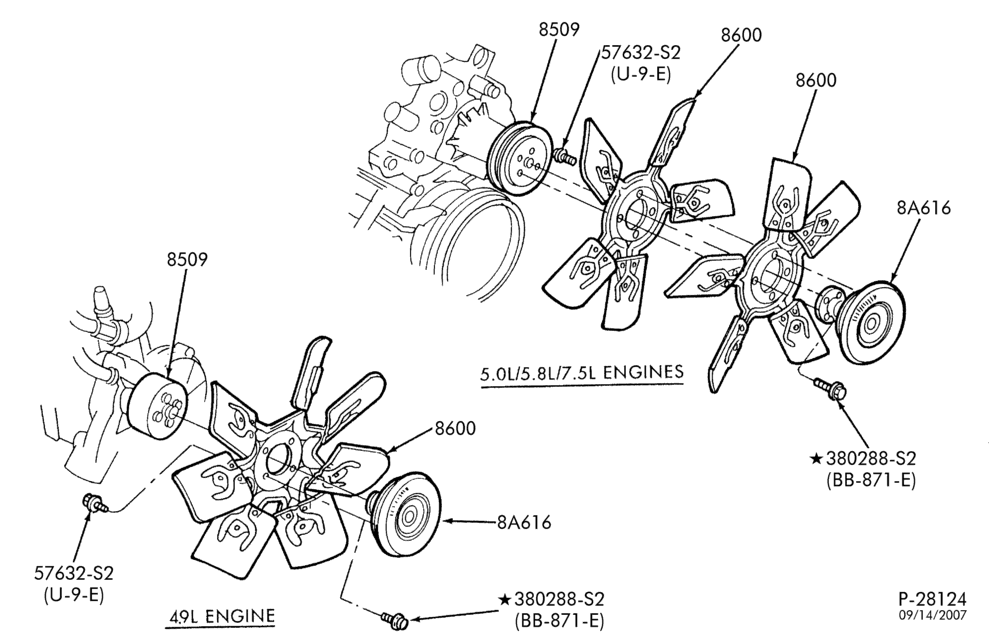 Схема Радиатор, GRILL AND COOLING-Cooling fan, clutch & related parts - 6 cyl. 4.9L, 8 cyl. 5.0L & 5.8L-U150