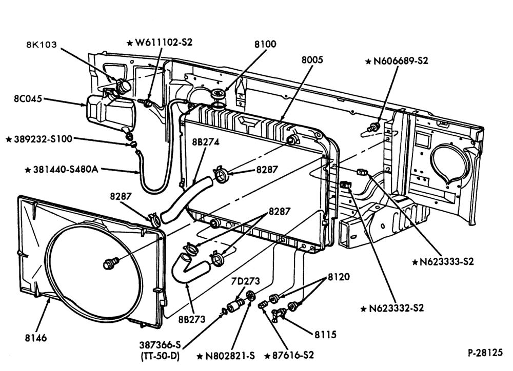 Схема Радиатор, GRILL AND COOLING-Cooling system & related parts - 8 cyl. 7.3L diesel - standard cooling-E250/350