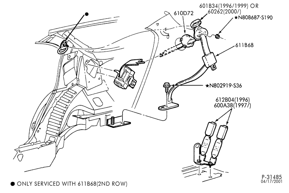 Схема SEATS AND SEAT BELTS-Seat belt & shoulder harness installation - rear aux. seat - B/T 74