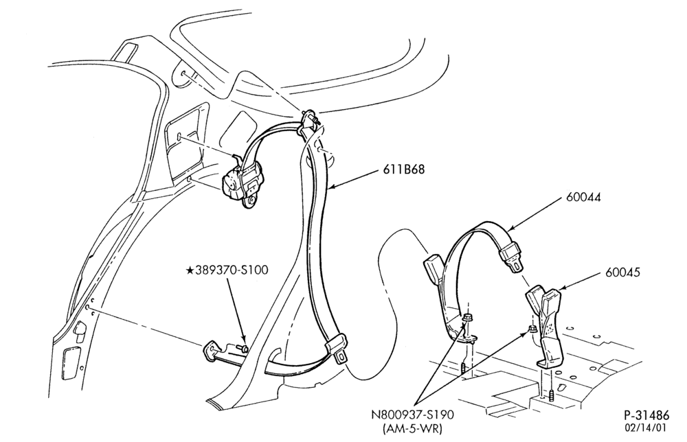 Схема SEATS AND SEAT BELTS-Seat belt & shoulder harness installation - rear seat - B/T 74