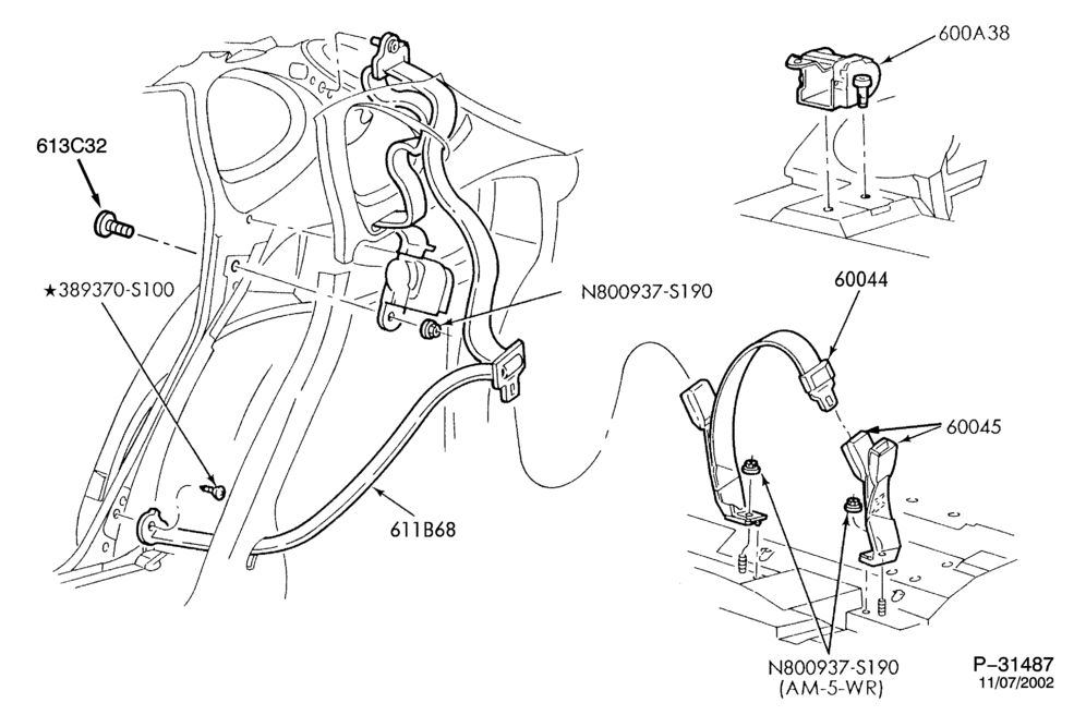 Схема SEATS AND SEAT BELTS-Seat belt & shoulder harness installation - rear seat - B/T 54