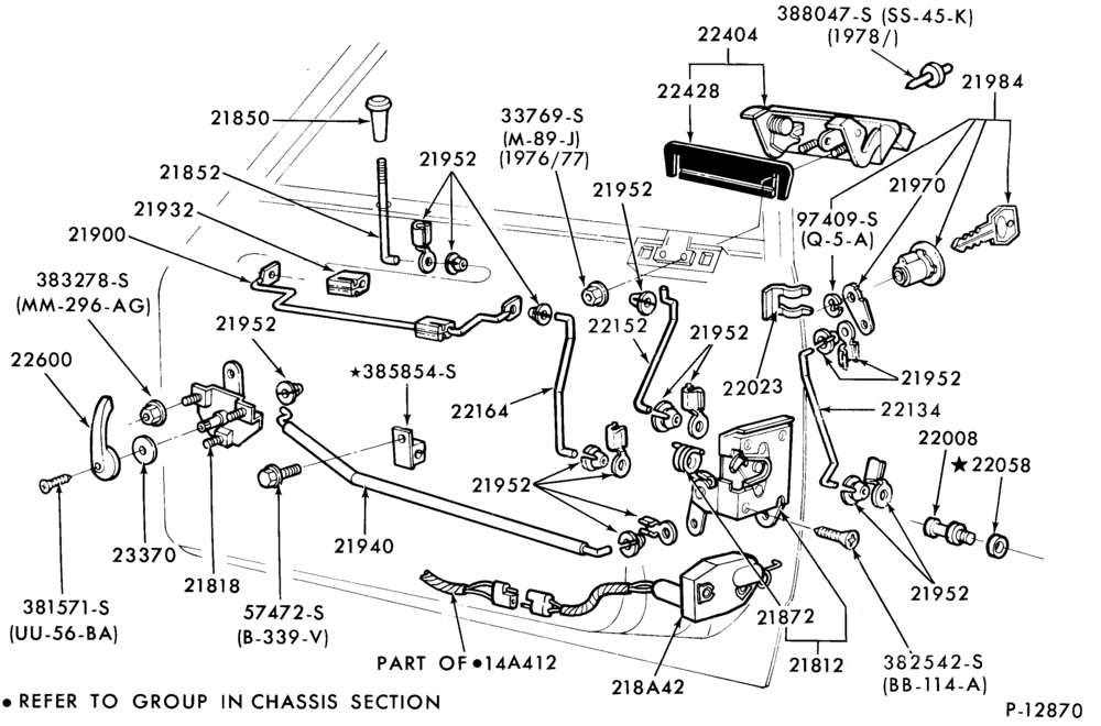 Схема BODY SIDES AND QUARTER-Handles and latch parts (front door)    - electric- body type 66