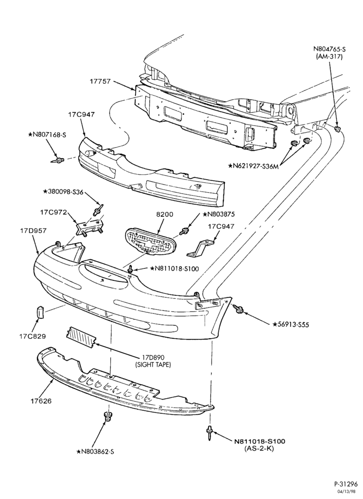 Схема SPEEDOMETER, BUMPERS, MIRRORS AND WIPERS-Bumper - front - Thunderbird