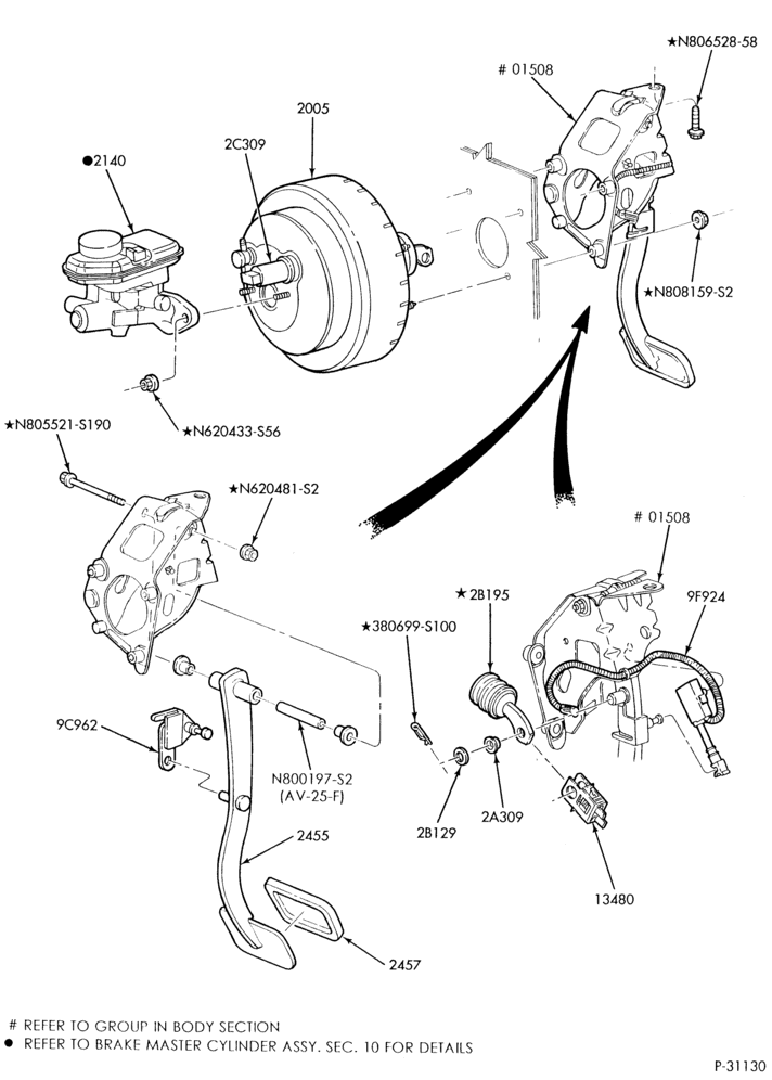 Схема BRAKES-Brake master cylinder assembly - without anti-lock brakes - exc. 6 cyl. 3.8L
