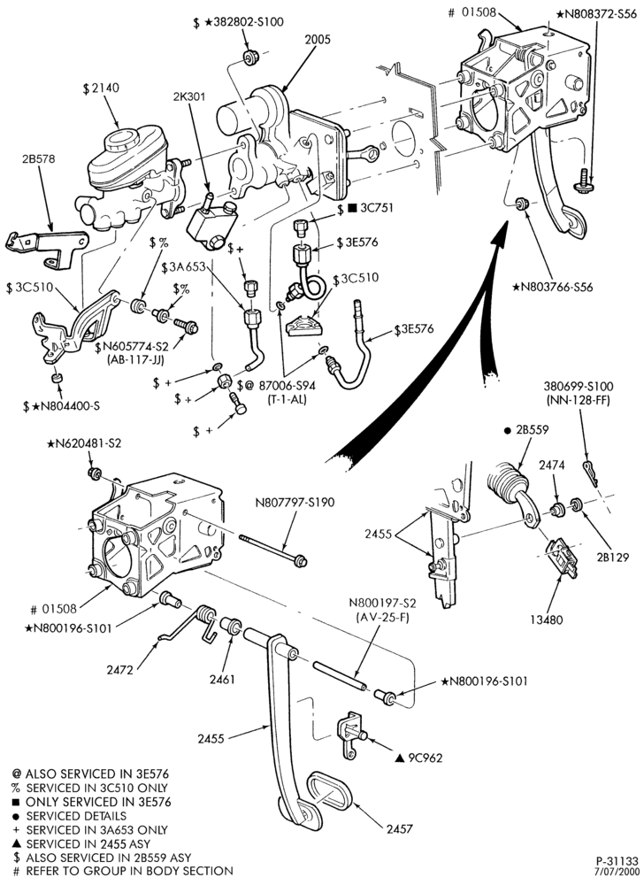 Схема BRAKES-Brake pedal, master cylinder & hydro booster installation - 8 cyl. 4.6L