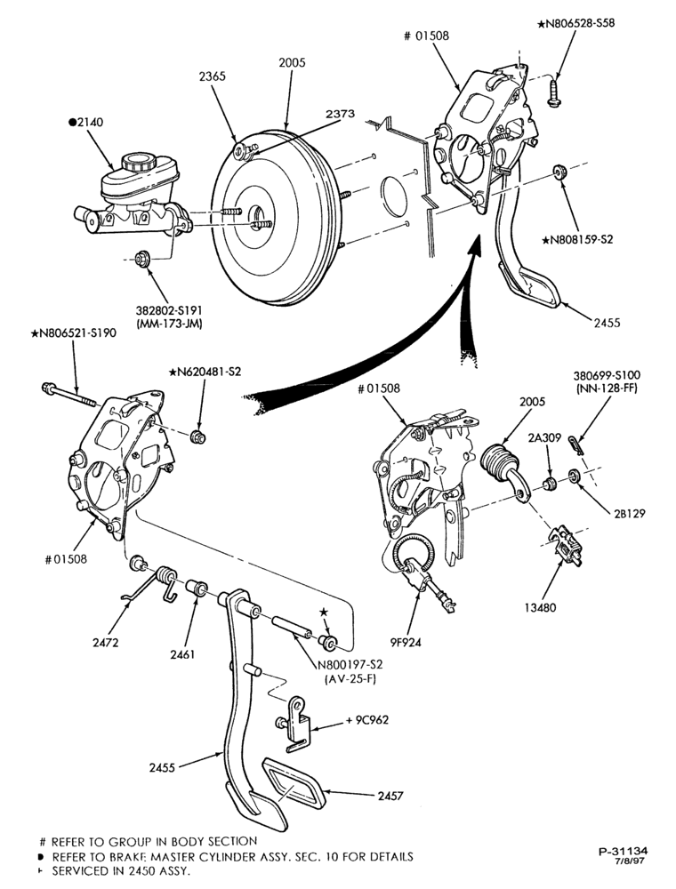 Схема BRAKES-Brake pedal & booster installation - without anti-lock brakes - 6 cyl. 3.8L