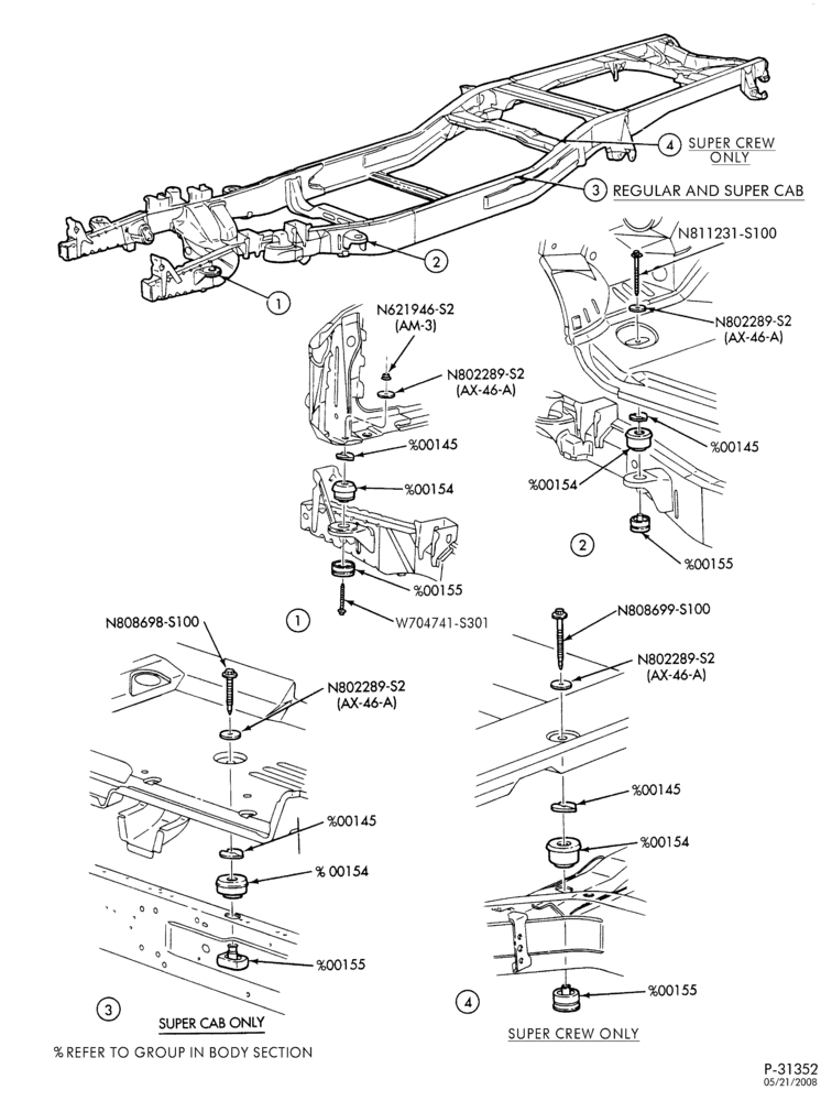 Схема SPRING, STABILIZERS, REAR SUSPENSION-Frame - body to frame mounts-F150/250-Under 8500# GVW
