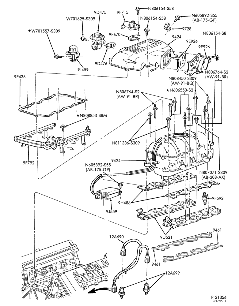 Схема 8-цил. 4,6 л — Топливная рампа и форсунки - DOHC