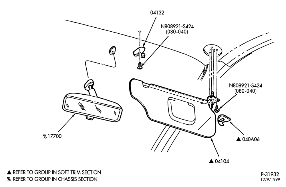 Схема BODY FRONT-Sun visor, auxiliary visor & rear view mirror - without illuminated vanity mirror