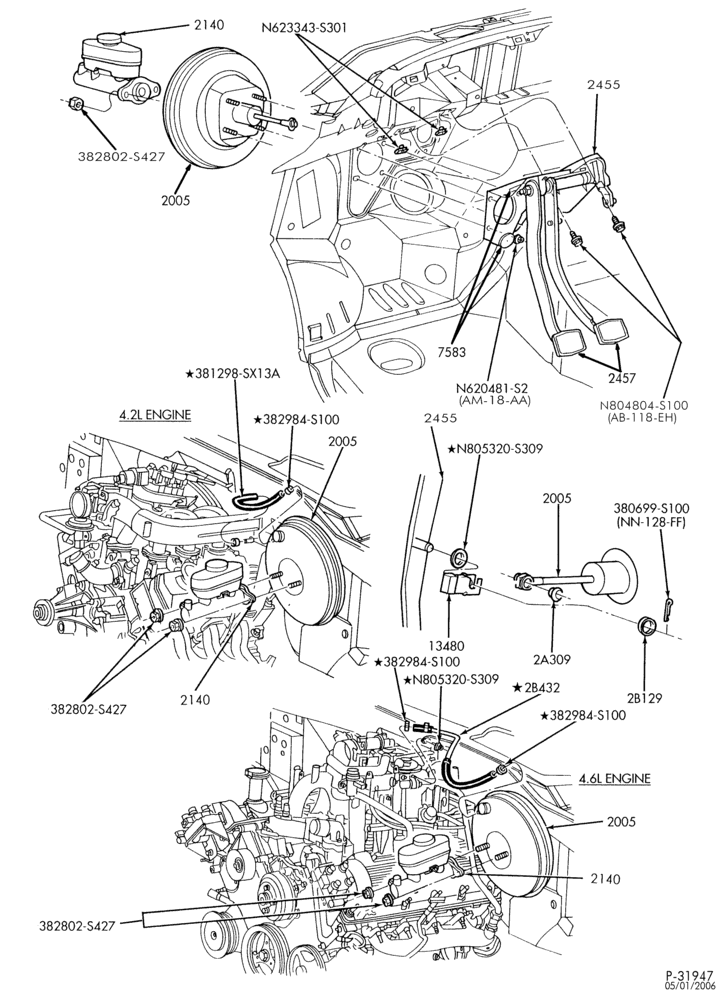 Схема Наружные детали — Педали сцепления и тормоза - 8 cyl. 4.6L-F150/250-Under 8500# GVW