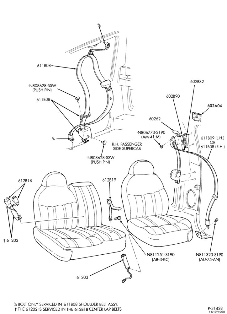 Схема SEATS AND SEAT BELTS-Seat belts - front seat - 60/40 split bench-F150