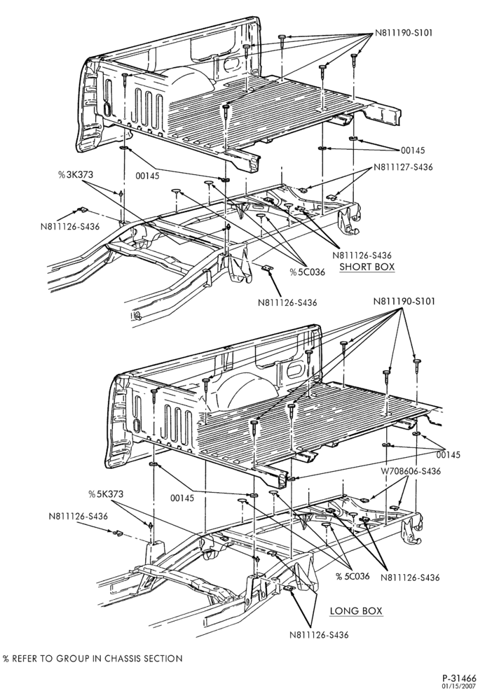Схема SPRING, STABILIZERS, REAR SUSPENSION-Pickup box to frame installation-F150/250