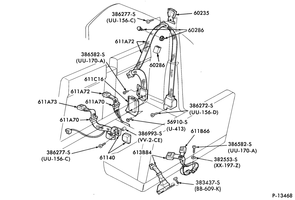 Схема SEATS AND SEAT BELTS-Seat belt and shoulder harness installation