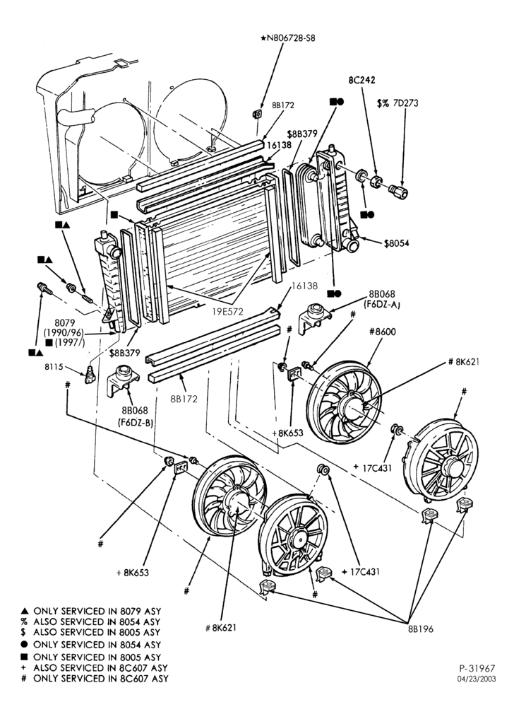 Схема Радиатор, GRILL AND COOLING-Cooling system - radiator installation