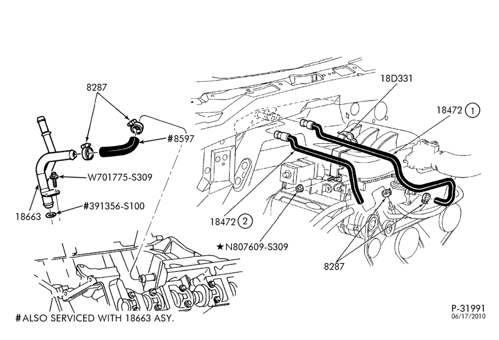 Схема Отопители — Шланги отопителя - 6 cyl. 4.2L — F150