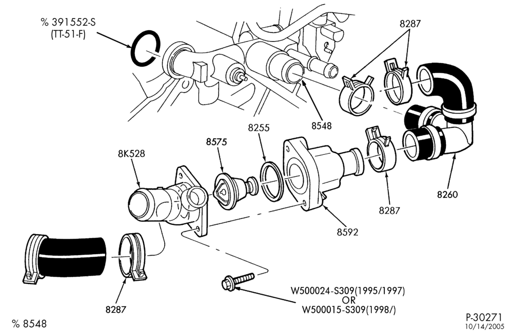 Схема Радиатор, GRILL AND COOLING-WATER OUTLET CONNECTION, THERMOSTAT & RELATED PARTS - 6 cyl. 2.5L