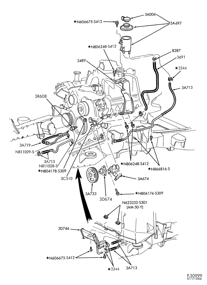 Схема STEERING-Power steering system - Pump installation - 8 cyl. 4.6L & 5.4L-F150