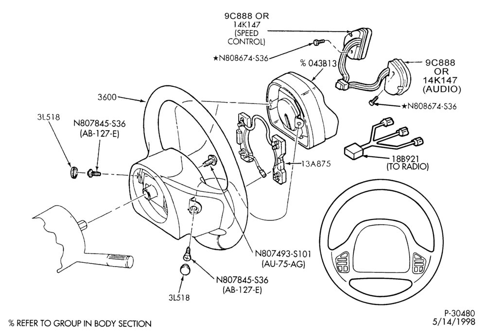 Схема STEERING WHEEL & HORN-2-spoke wheel - with air bag - without redundant steering wheel