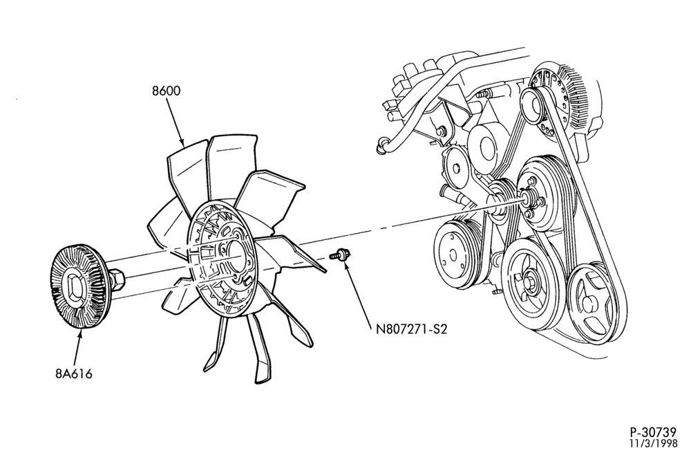 Схема Радиатор, GRILL AND COOLING-Cooling system - 8 cyl. 4.6L - fan - engine mounted