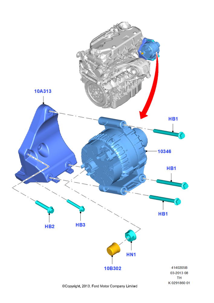 Схема Генератор и крепление, 3.2L Duratorq-TDCi (200PS) - Puma; 21.04.2014