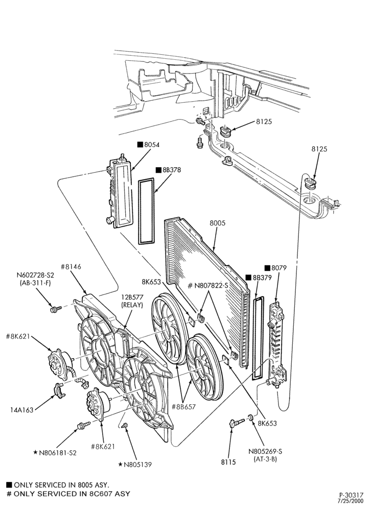 Схема Радиатор, GRILL AND COOLING-Cooling system - 8 cyl. 4.6L - fan
