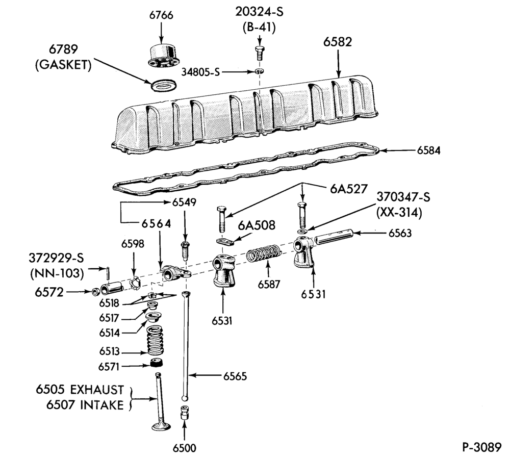 Схема 6 CYL. 3.3L (200 C.I.D.)-Valves, push rods and rocker arm cover