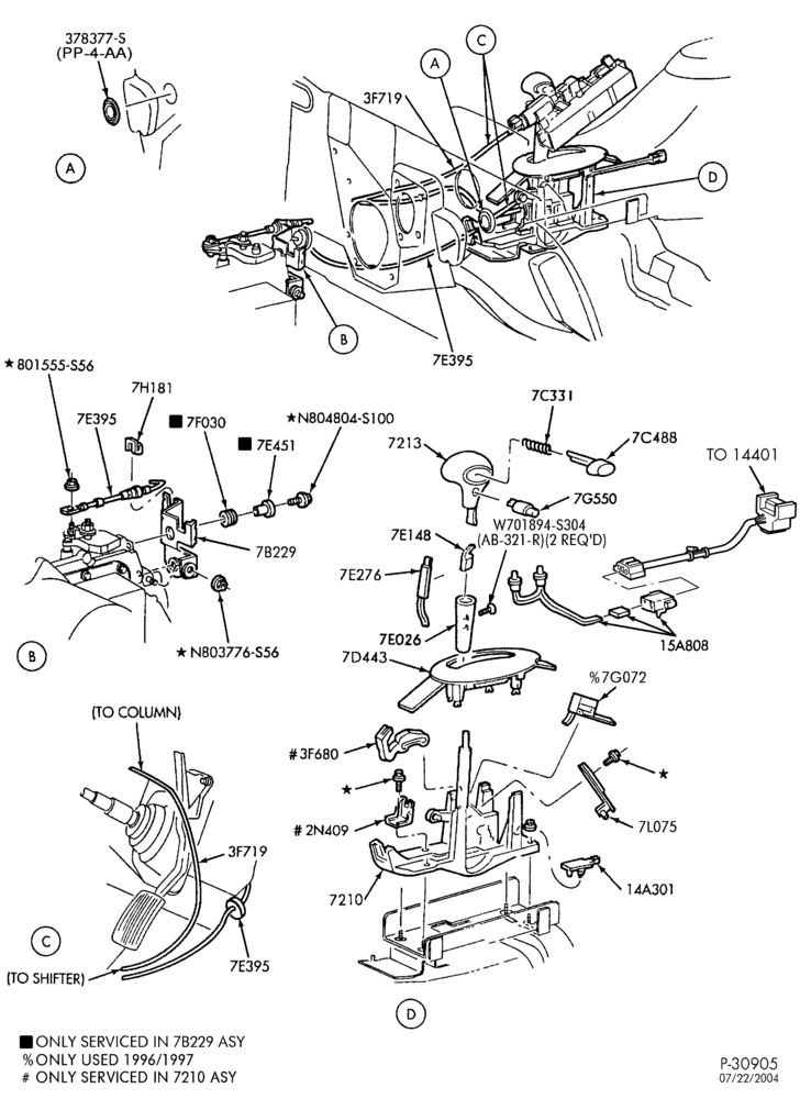 Схема AX4S TYPE - EXTERNAL PARTS-Shift control selector mechanism cable actuated - floor mounted - with O/D cancel switch