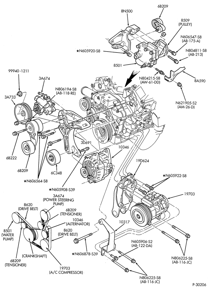 Схема DISTRIBUTOR AND IGNITION SYSTEM-Alternator mounting brackets - 6 cyl. 3.0L