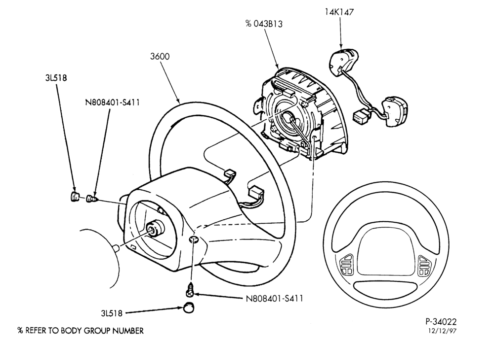Схема STEERING WHEEL & HORN-4-spoke wheel - with air bag - without redundant steering wheel