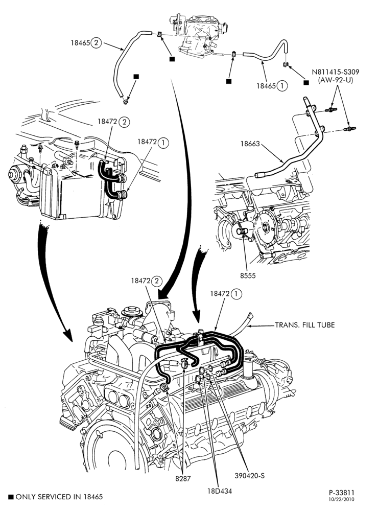 Схема HEATERS-Heater hose installation - 8 cyl. 4.6L, 5.4L & 10 cyl. 6.8L - without aux.-E150/350,E(Super Duty)