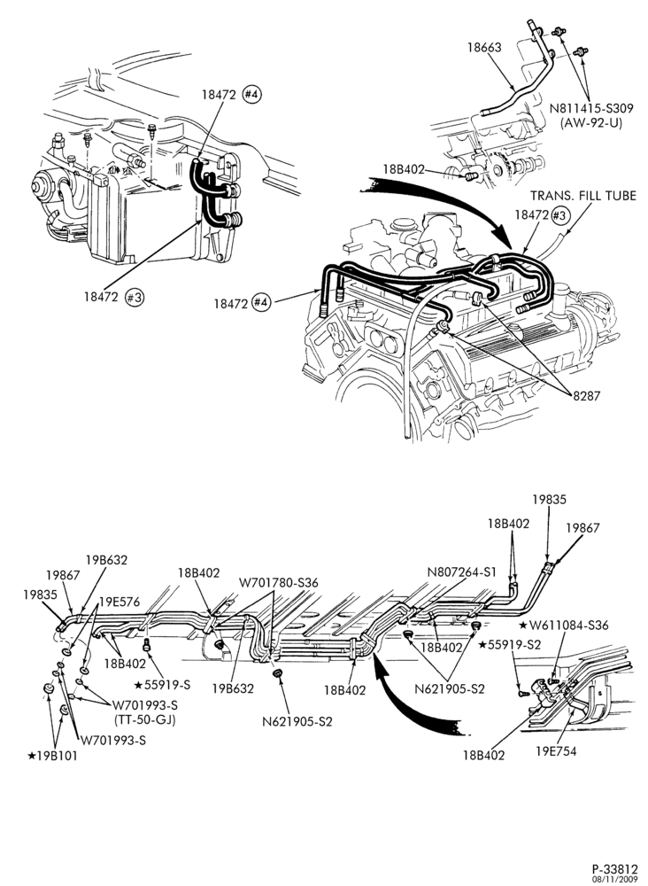 Схема HEATERS-Heater hose installation - 8 cyl. 4.6L, 5.4L & 10 cyl. 6.8L with aux. - ""Before 11/22/99''-E150/350,E(Super Duty)