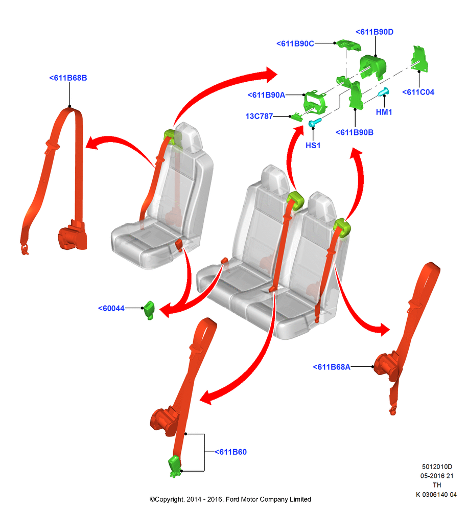 Схема Задние ремни безопасности, Bus (M2), With 3rd Row Single/Double Seat; 05.05.2014
