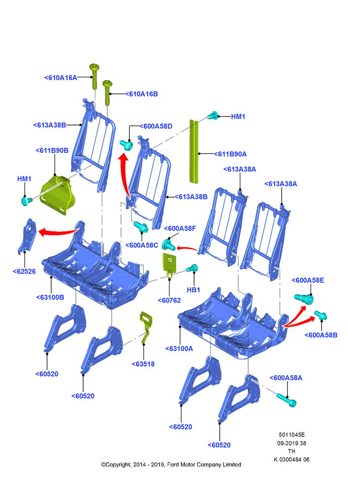 Схема Каркас заднего сиденья, Less Fifth Row Seating, With 4th Row Bench Seat (4 Pass.), With 4th Row Single/Double Seat, With 5th Row Bench Seat, Fifth Row Double/Double Seat; 05.05.2014