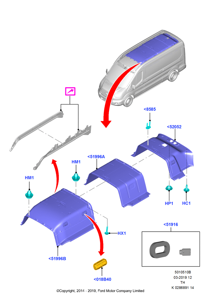 Схема Потолок и козырьки, Bus (M2), Regular Cargo Van, Centre And Rear; 05.05.2014–21.10.2019