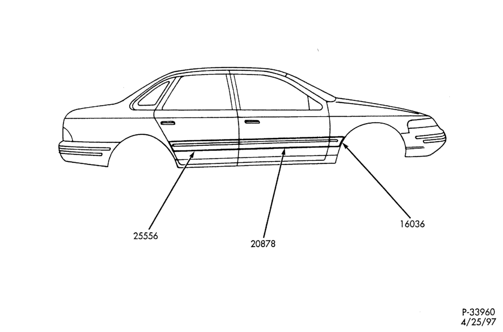 Схема FORD--EXC.POLICE,FLEET&LONG WHEEL BASE 3 1/4"" W/O BRIGHT INSERT BODY SIDE MLDG.
